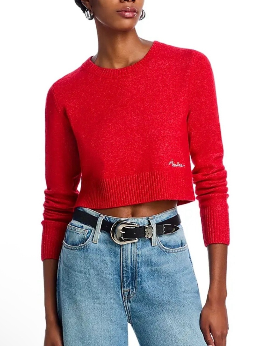 cinq a sept Bright Red Cropped Crewneck Sweater